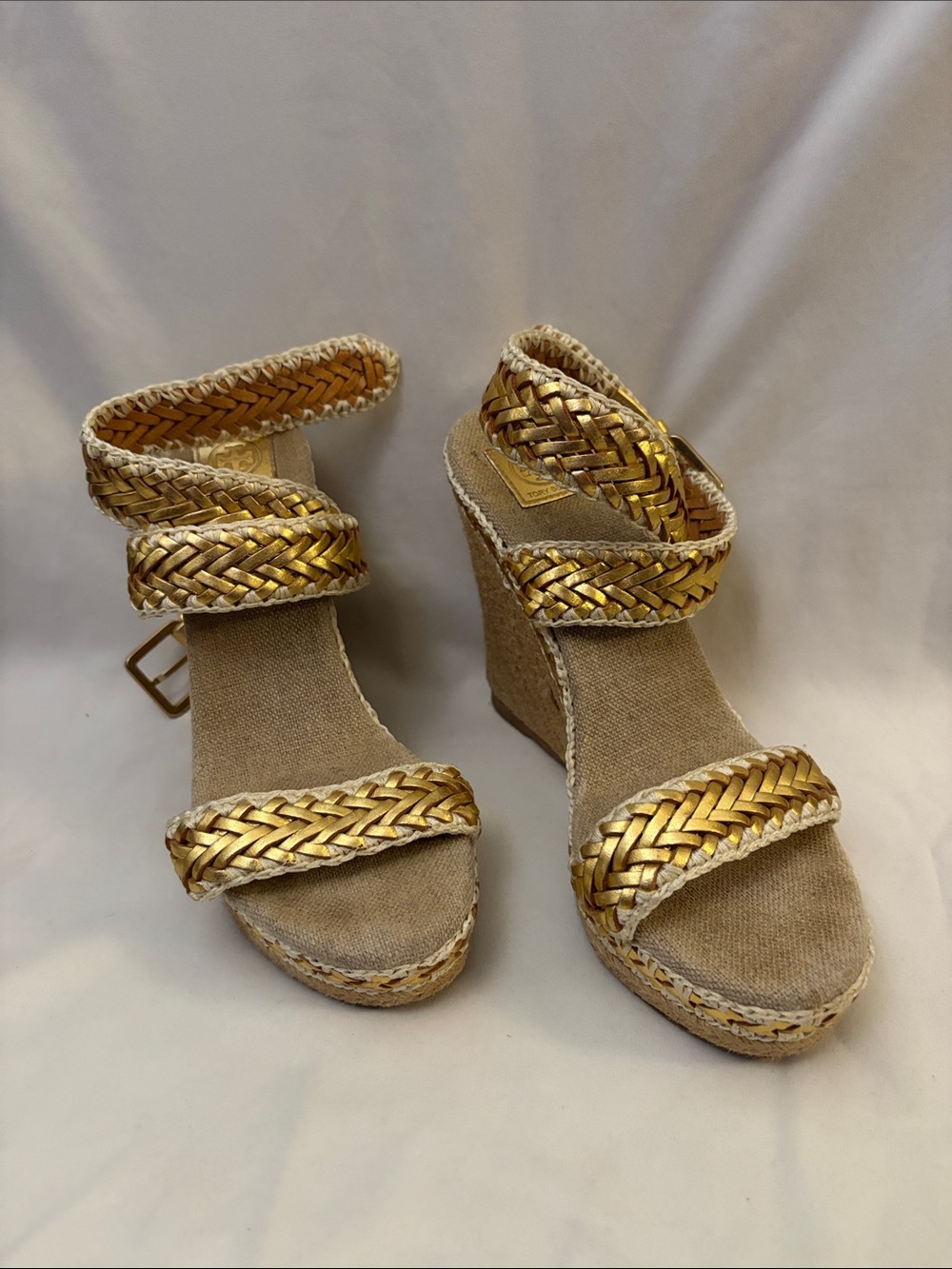 Tory Burch Gold Braided Espadrille Wedge Sandals